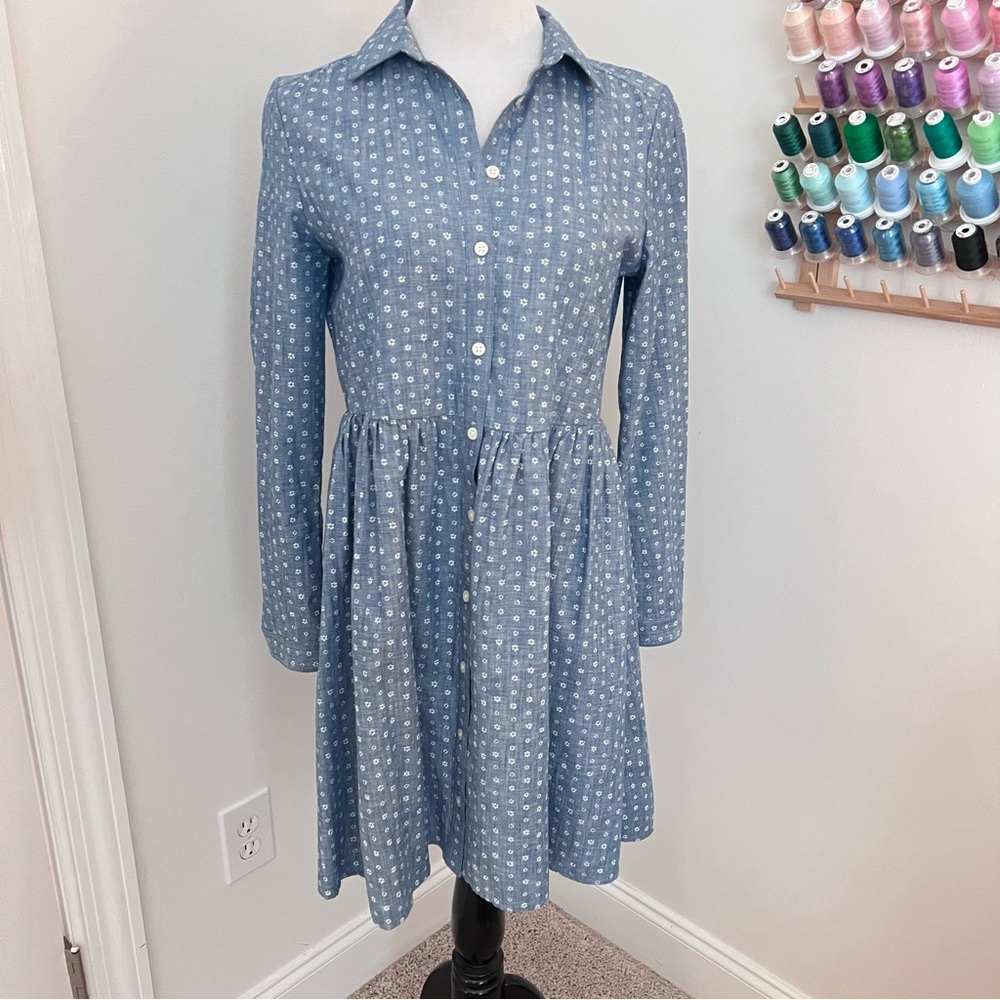 NWT J.Crew Factory Long Sleeve Printed Collar Chambray Dress